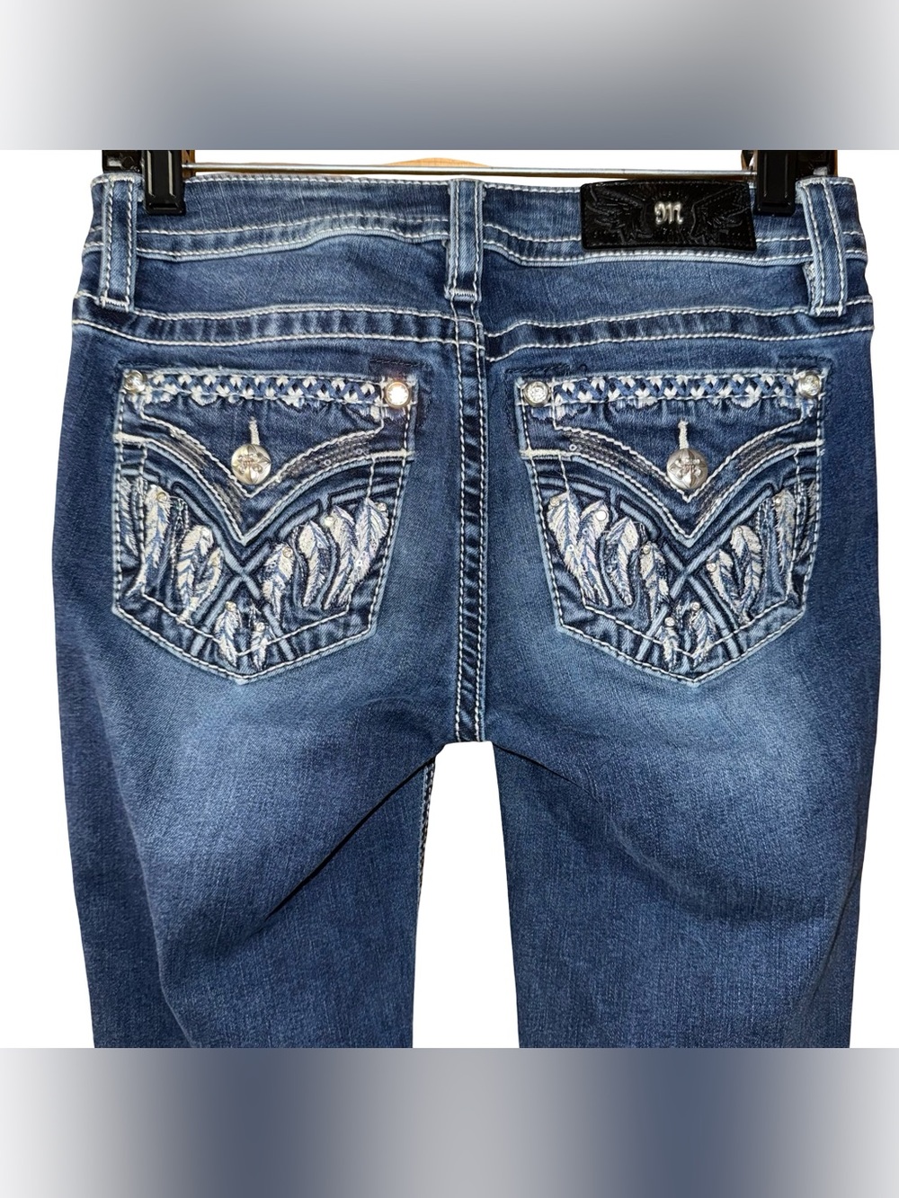 Miss Me Chloe boot bling feather faux pocket jeans women’s sz 26 stretch